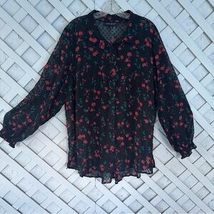 Lane Byrant No-Peek Sheer Black Floral Long Sleeve Blouse 22/24